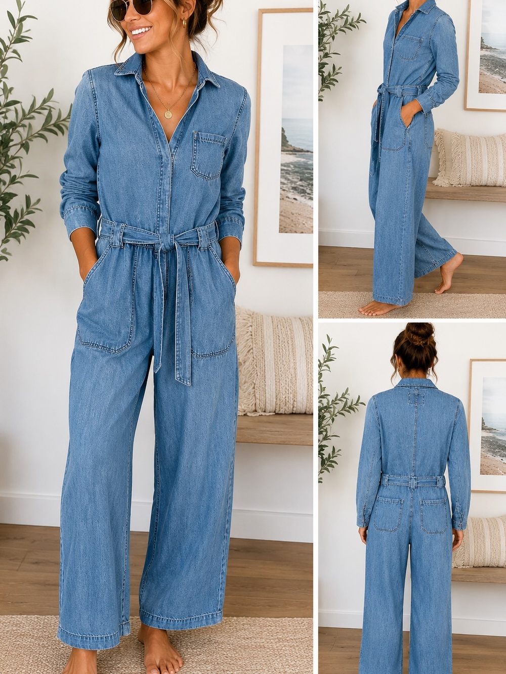&Denim Chambray Denim Jumpsuit | Size 10 | Belted Wide Leg Utility Romper